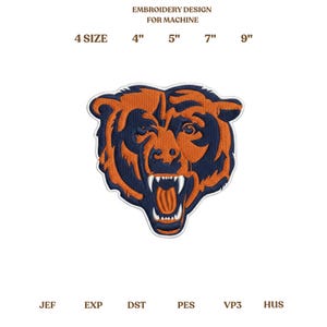 Peut inclure: Écusson brodé représentant une tête d'ours rugissant en bleu marine et orange. Le design comprend le texte "EMBROIDERY DESIGN FOR MACHINE" et des tailles de 10 cm, 13 cm, 18 cm et 23 cm. Idéal pour la broderie machine.