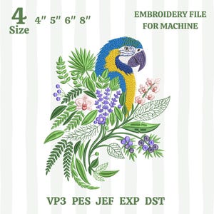 Diseño de bordado de loro floral, archivo de bordado a máquina de guacamayo tropical, archivo Pes de camisa con loro botánico azul y amarillo, flor, hoja y selva