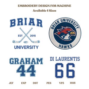May include: An embroidery design for machine with four different options. The designs include the text "BRIAR UNIVERSITY" with crossed hockey sticks and a puck, a circular patch with a hawk and the text "BRIAR UNIVERSITY HAWKS", and jersey numbers.