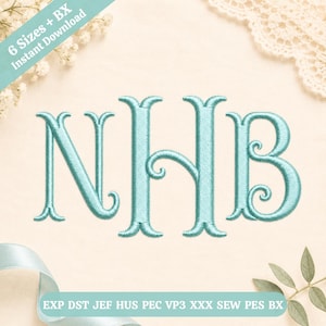 Puede incluir: Un diseño de bordado con las letras NHB en una fuente serif de color azul claro con rizos decorativos. El texto 6 Sizes + BX Instant Download aparece en la esquina y el texto EXP DST JEF HUS PEC VP3 XXX SEW PES BX está abajo.