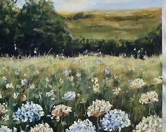 Landscape Painting 12x16 - Blue Wildflower Meadow Art - Impressionist Nature Wall Art -Farmhouse Wall Decor - Original Handmade Art