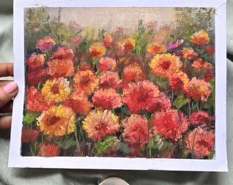 Orange Chrysanthemum Impressionist Painting 10x8 – Red Blooms –Original Soft Pastel Art - Unframed
