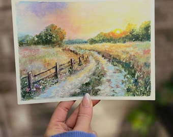 Original Oil Pastel Painting – Country Road At Sunset - 8 x 6 inches