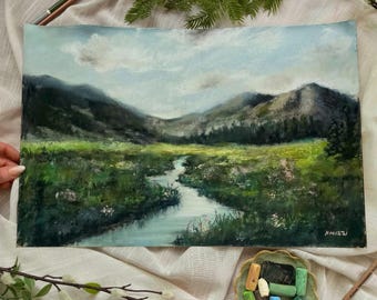 Pintura del East River, pintura original en pastel suave, 18 x 12, arte de las montañas de Colorado