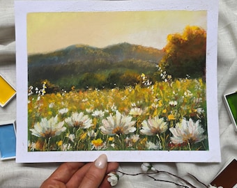 Original Soft Pastel Daisy Field Painting – 10x8 Inch Sunrise Mountain Landscape
