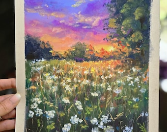 Atardecer en una pradera colorida – Pintura original de paisaje en pastel suave, 9 x 12, Campo al atardecer