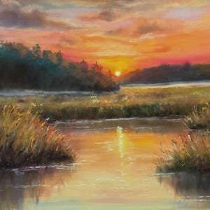 Gran cuadro original en pastel suave: Paisaje de marisma al atardecer, 24x18 pulgadas. Obra de arte para pared.