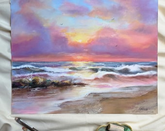 Zonsondergang roze oceaan, originele zachte pastelkleurige zeekunst, kunst aan de muur strand, 12 x 18 inch