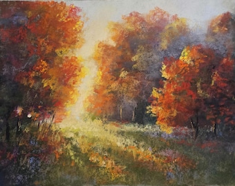Autumn's Light | Original Soft Pastel Fall Landscape Painting | 11 x 8.5 in |  Farmhouse Wall Art | Unframed