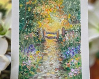 Pintura original de paisaje al pastel al óleo de 5x7 pulgadas / Obra de arte de sendero de jardín secreto / Arte impresionista de la naturaleza / Decoración de pared pequeña