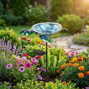May include: A turtle-shaped bird bath made of blue and green glass, mounted on a thin black metal stake. The shell serves as a shallow basin, and a small black solar panel is attached to the stake below the turtle figure.