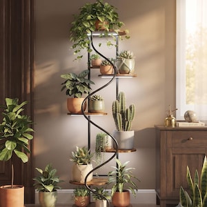 Può includere: Un supporto per piante a spirale a 8 livelli con illuminazione, telaio in metallo nero e ripiani circolari in legno. Il supporto ospita varie piante in vaso, tra cui una pianta rampicante, cactus e succulente. Il testo in alto recita 8-TIER LIGHTED SPIRAL PLANT STAND.