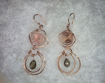 Handmade Wire Wrapped Copper Maze Spiral Twist Earrings with Smoky Quartz Drop