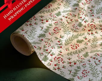 Hand-Illustrated Holly Berry Wrapping Paper | Christmas Gift Wrap Roll | Foliage Holiday Present Paper
