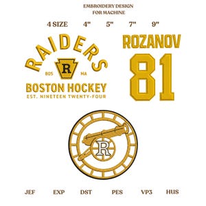 以下が含まれることがあります： ミシン刺繍のデザイン。 「RAIDERS」の文字と「R」の紋章、そして「BOSTON HOCKEY EST. NINETEEN TWENTY-FOUR」の文字が含まれています。 また、「ROZANOV」という名前と数字の「81」も含まれています。