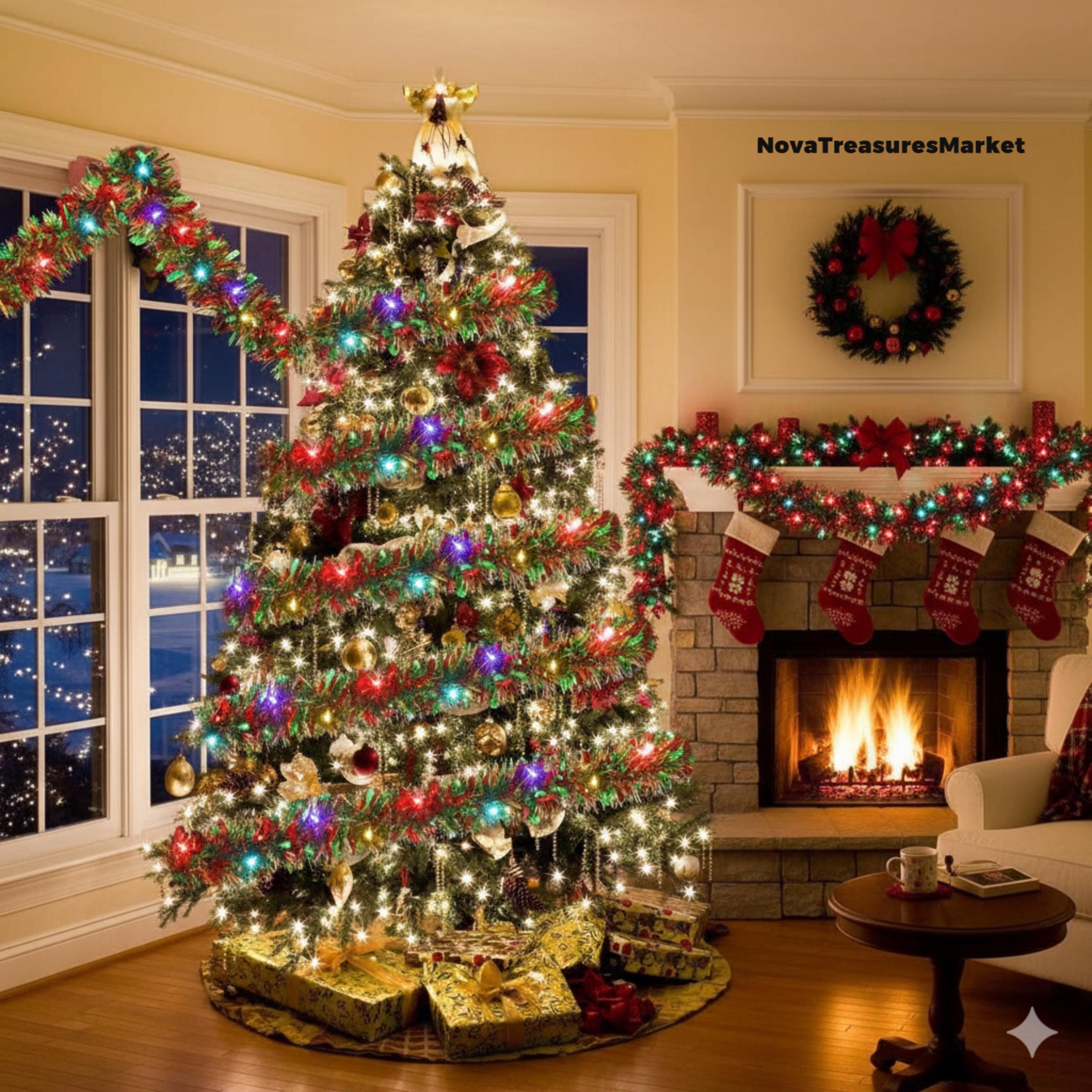 Guirlande De Noël Verte 5 M Avec Boules Rouges/dorées Et Nœuds - Décoration Cheminée, Escalier, Porte - PVC Résistant Intérieur/extérieur