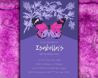 Plantilla editable de invitación de cumpleaños con mariposa morada. Editar en Canva. Invitación de fiesta para adolescentes. Invitación de fiesta imprimible. Descarga instantánea.