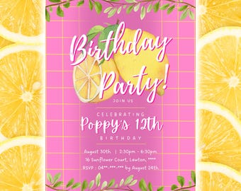 Invitación editable de cumpleaños de limón rosa. Editar en Canva. Plantilla de invitación para fiesta de cumpleaños. Invitación para fiesta imprimible instantánea para niñas.