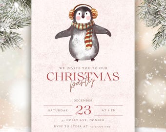 Invitación navideña con pingüinos. Plantilla neutra editable en Canva. Invitación imprimible. Descarga digital instantánea.
