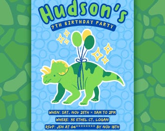 Invitación de cumpleaños de Triceratops: Plantilla editable en Canva. Invitación para fiesta de cumpleaños infantil con temática de dinosaurios. Invitación imprimible para fiesta.