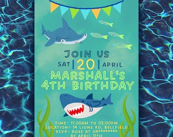 Invitación de cumpleaños de tiburón: plantilla editable, edita en Canva, invitación para fiesta de cumpleaños infantil, invitación imprimible para fiesta de niños, instantánea.