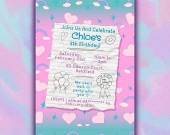 Invitación de cumpleaños editable en bloc de notas azul y rosa, plantilla de invitación para fiesta de cumpleaños de Canva, invitación imprimible instantánea para fiesta de niñas.