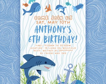 Invitación de cumpleaños de tiburón azul claro, plantilla editable en Canva. Invitación imprimible para fiesta de cumpleaños infantil. Invitación instantánea para fiesta de niños.