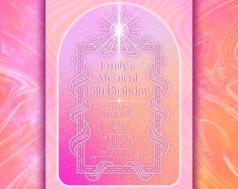 Invitación de cumpleaños mística editable en Canva. Plantilla de invitación para fiesta de cumpleaños para adolescentes, rosa, imprimible al instante.