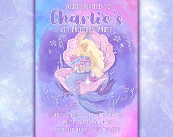 Plantilla de invitación de cumpleaños de sirena morada, editable en Canva, imprimible y descarga instantánea.