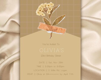 Plantilla de invitación de cumpleaños con flores neutras, editable en Canva. Invitación de fiesta imprimible para mujeres y niñas. Descarga instantánea.
