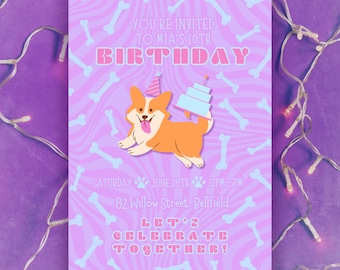 Invitación de cumpleaños de Corgi morado editable en Canva. Plantilla de invitación para fiesta de cumpleaños para niñas. Invitación imprimible instantánea para fiesta.