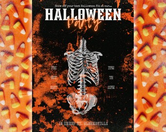 Plantilla editable de invitación para fiesta de Halloween. Editar en Canva. Invitación de esqueleto imprimible. Descarga digital instantánea. Negro y naranja.