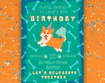 Invitación editable de cumpleaños de Corgi azul y verde, editada en Canva, plantilla de invitación para fiesta de cumpleaños para niños, linda invitación imprimible para fiesta instantánea.