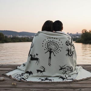 May include: A light green throw blanket with black primitive art designs, draped over two people sitting on a wooden dock. The blanket features various figures and symbols, with a fringed edge. The background shows a lake and a sunset.