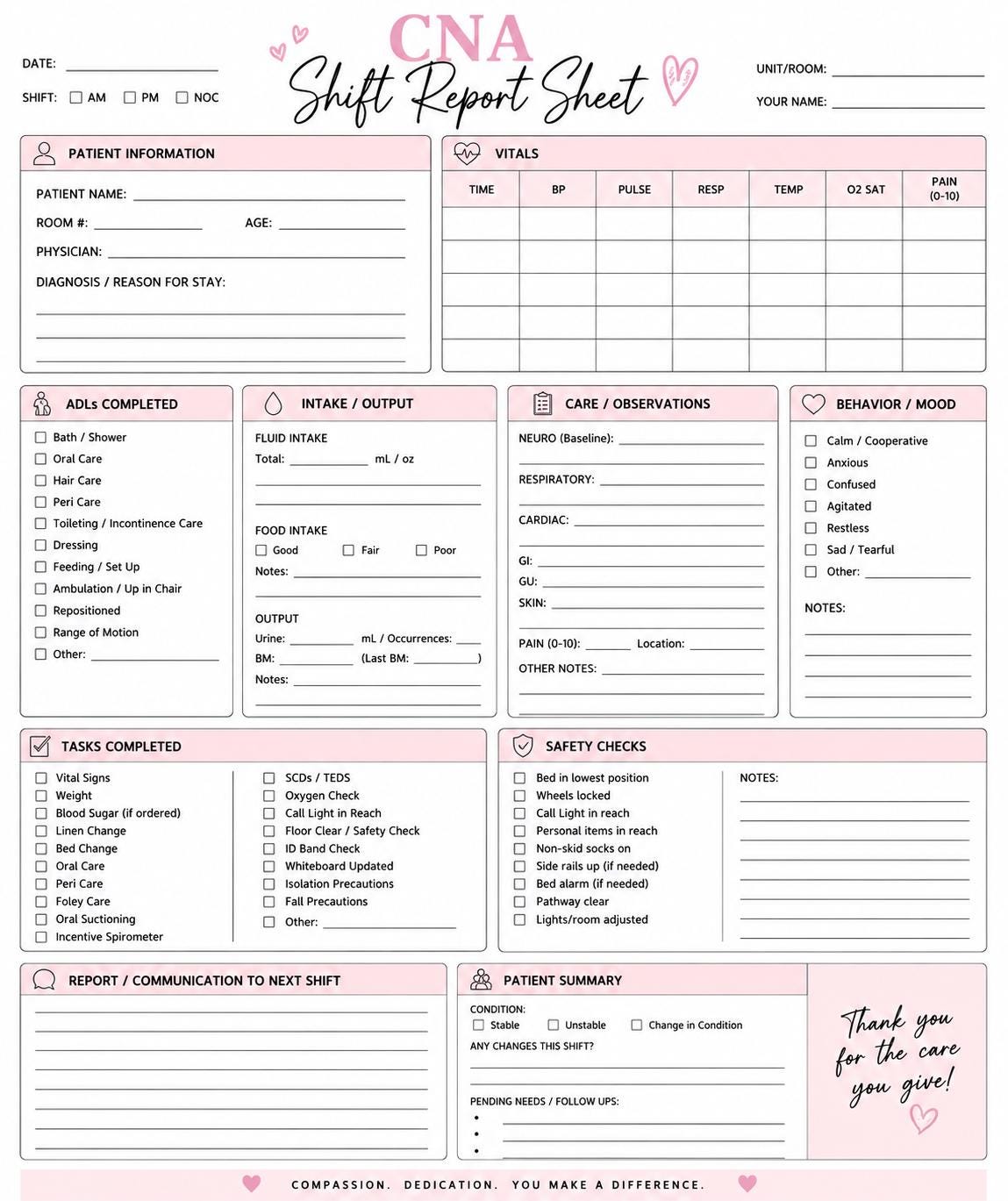 CNA Shift Report Sheet Printable Nursing Assistant Patient Care Notes ...