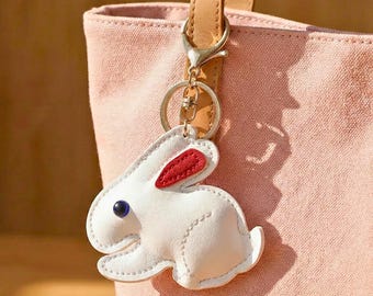Bunny Bag Charm, Cute Leather Rabbit Keychain, Spring Purse Charm, White Bunny Bag Accessory, Easter Basket Gift, Bunny Lover Present