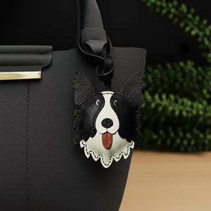 Border Collie Leather Bag Charm, Dog Memorial Gift, Handmade Dog Keychain, Pet Memorial Ornament, Dog Lover Gift, Black & White Dog Charm