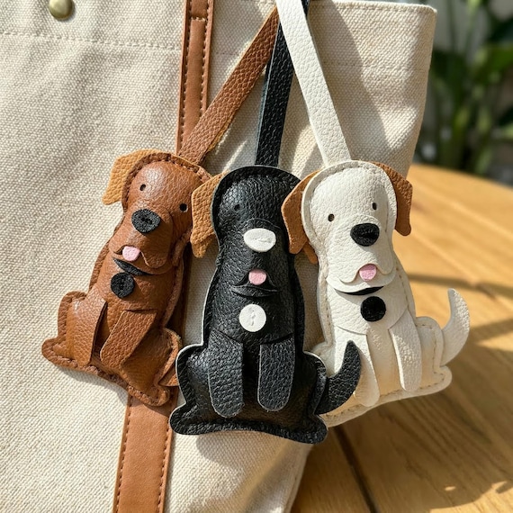 Labrador Retriever Leather Bag Charm, Golden Black White Lab Keychain, Dog Lover Gift, Golden Retriever Purse Charm, Handmade Labrador Gift