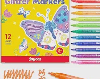 JoyCat 12 Colors Glitter Paint Markers – 3mm Medium Tip Shimmer Paint Pens for Rock