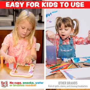 May include: Two young girls are shown using art supplies. One girl is using a red marker on a wooden frame. The other girl is using a large container of purple liquid. The text "EASY FOR KIDS TO USE" is at the top of the image.