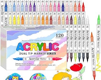 120 Colors Acrylic Paint Markers – 60 Pack Dual Tip Paint Pens with Soft Brush