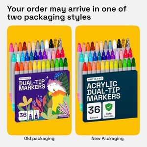 K&ouml;nnte beinhalten: Das Bild zeigt zwei Verpackungsstile f&uuml;r Artistro Dual-Tip-Marker. Jedes Set enth&auml;lt 36 Farben. Die alte Verpackung ist lila mit einer Vogelillustration, w&auml;hrend die neue Verpackung dunkelblau mit einem &bdquo;Sicher f&uuml;r Kinder&ldquo;-Etikett ist.