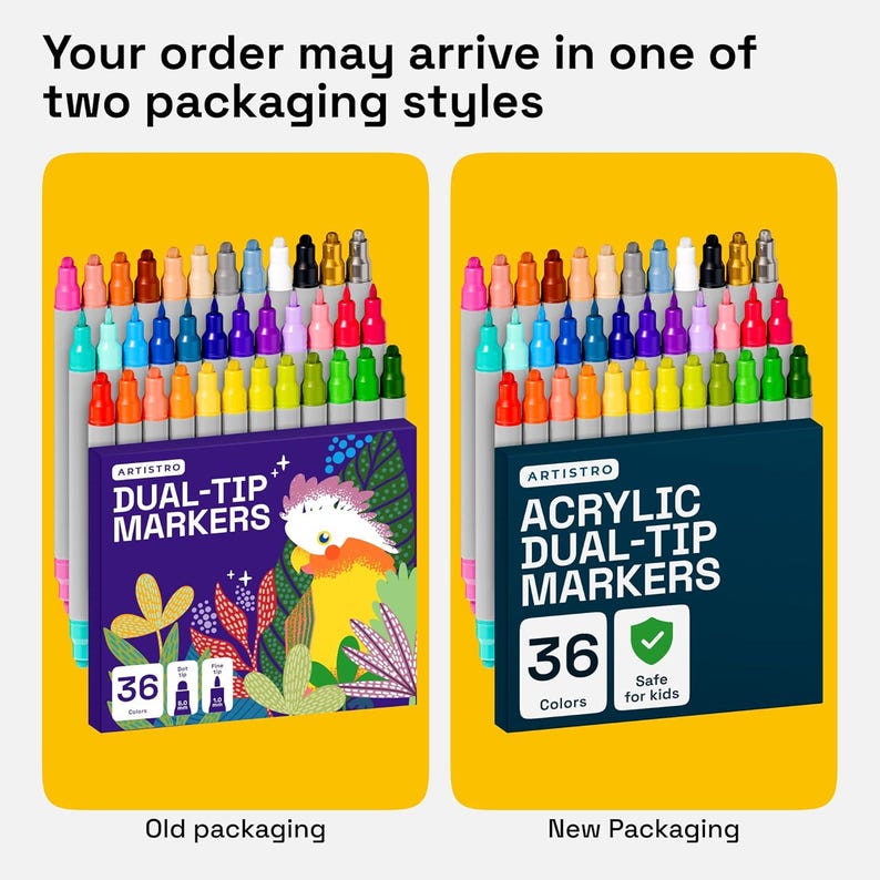K&ouml;nnte beinhalten: Das Bild zeigt zwei Verpackungsstile f&uuml;r Artistro Dual-Tip-Marker. Jedes Set enth&auml;lt 36 Farben. Die alte Verpackung ist lila mit einer Vogelillustration, w&auml;hrend die neue Verpackung dunkelblau mit einem &bdquo;Sicher f&uuml;r Kinder&ldquo;-Etikett ist.