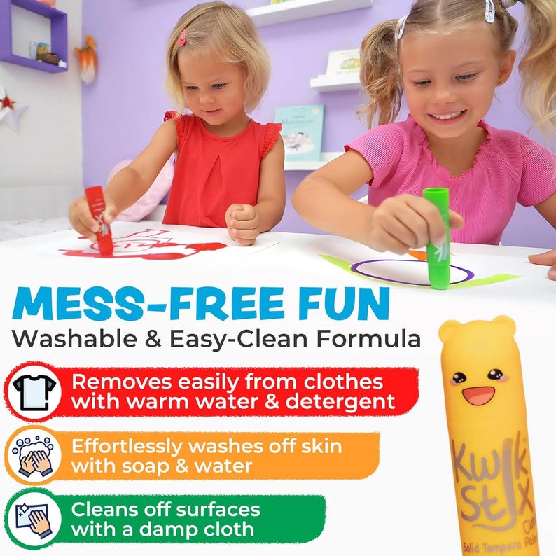 May include: Two young children are shown using washable, easy-clean formula art sticks. The image highlights the product's features: removes easily from clothes, washes off skin with soap and water, and cleans off surfaces with a damp cloth.