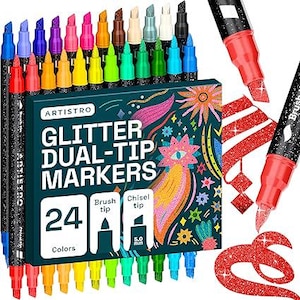 May include: A set of 24 Artistro glitter dual-tip markers featuring brush and 5.0 mm chisel tips. The packaging displays the text "ARTISTRO GLITTER DUAL-TIP MARKERS 24 Colors" alongside a colorful graphic. Two markers are shown with red glitter ink.