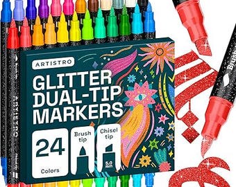 ARTISTRO 24 Glitter Dual Tip Paint Pens – Sparkly Acrylic Markers for Rock, Wood,