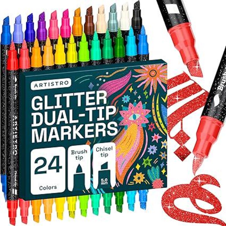 May include: A set of 24 Artistro glitter dual-tip markers featuring brush and 5.0 mm chisel tips. The packaging displays the text "ARTISTRO GLITTER DUAL-TIP MARKERS 24 Colors" alongside a colorful graphic. Two markers are shown with red glitter ink.