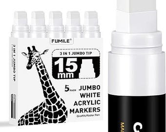 FUMILE White Jumbo Poster Marker Set – 5 Pack 15mm Acrylic Paint Pens for Glass, Rock
