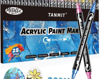 28 Metallic Acrylic Paint Markers – Dual Tip Paint Pens for Rock, Glass, Wood
