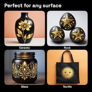 May include: Image showcasing four items: a black ceramic vase with a gold floral design, three black rocks with gold star patterns, a black glass jar with a gold ornate design, and a black tote bag with a gold sun graphic. Text reads "Perfect for any surface."